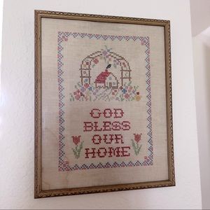 Antique "God Bless Our Home" Framed Cross-Stitch